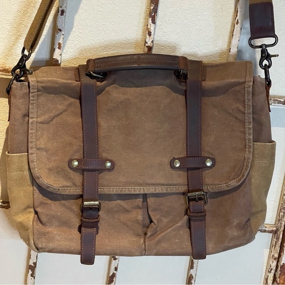 Newhey Messenger Briefcase Leather Waved  Canvas  Large 15.6" Brown - Picture 3 of 16